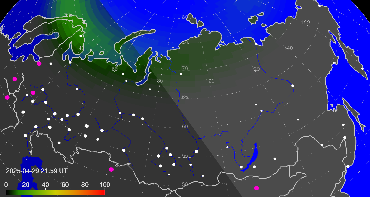 Northern lights (auroras) over Russian Federation