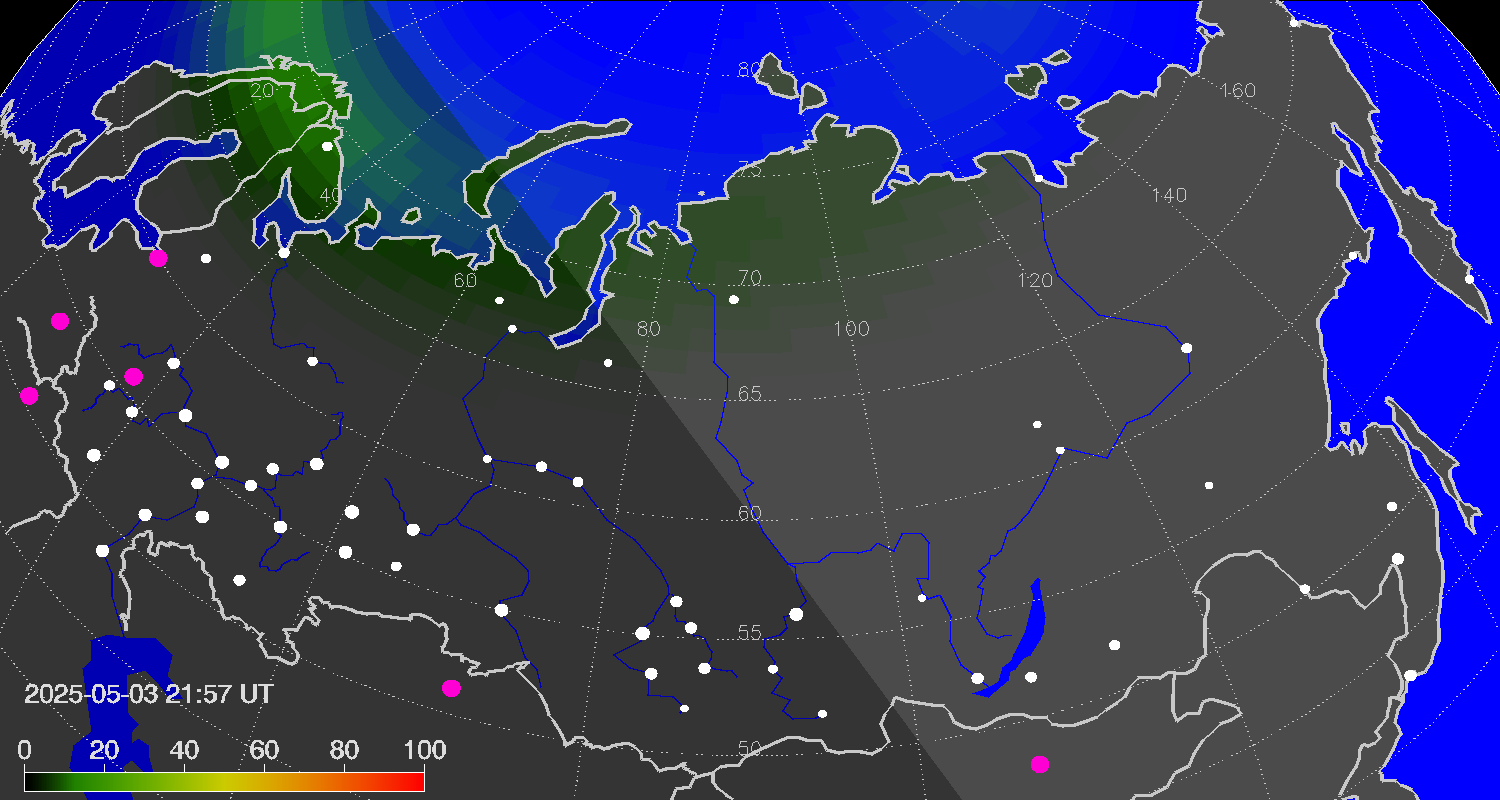 Northern lights (auroras) over Russian Federation
