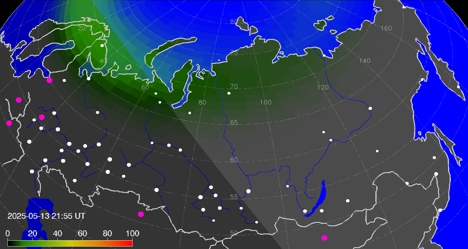 Northern lights (auroras) over Russian Federation
