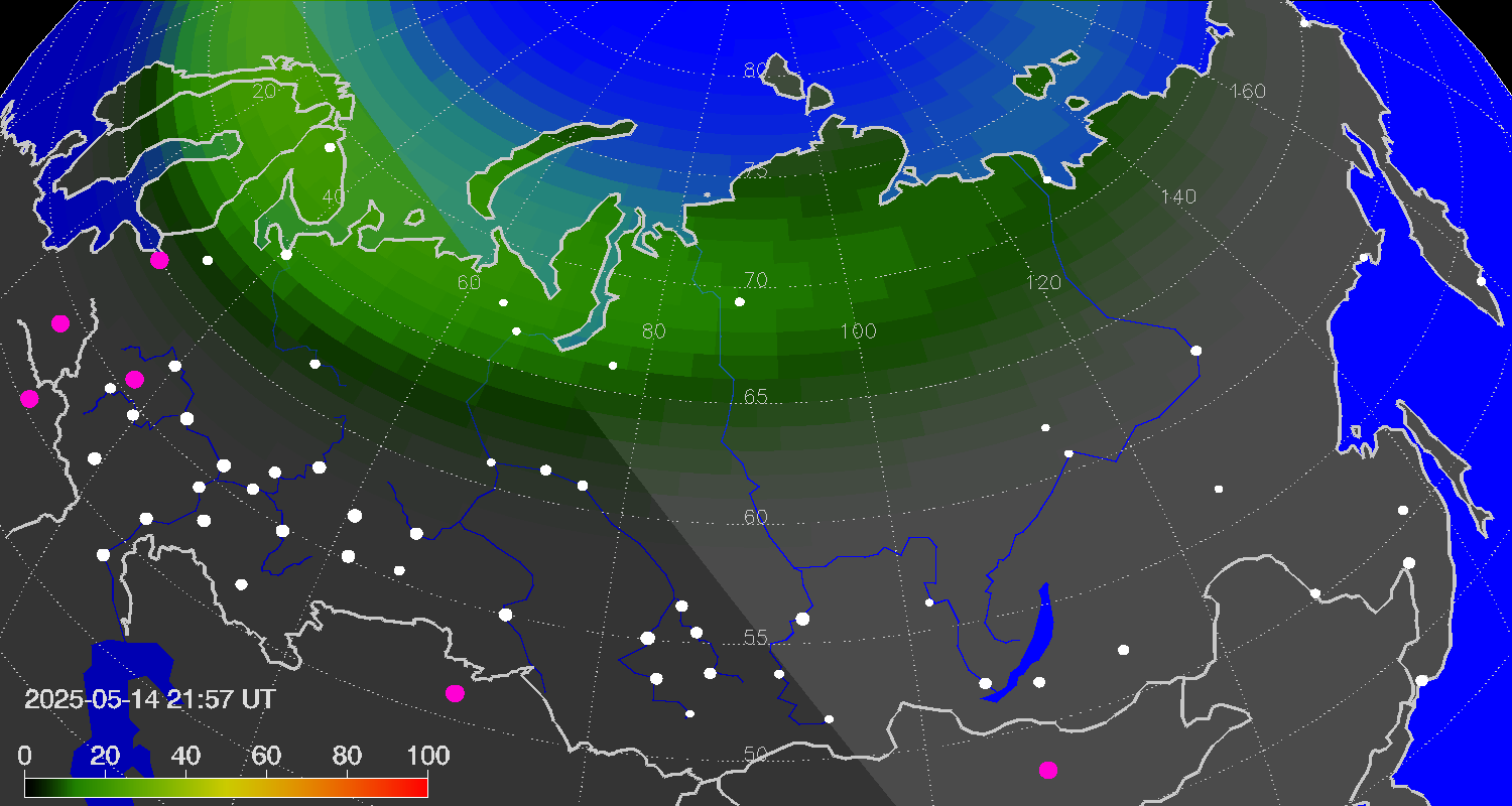 Northern lights (auroras) over Russian Federation