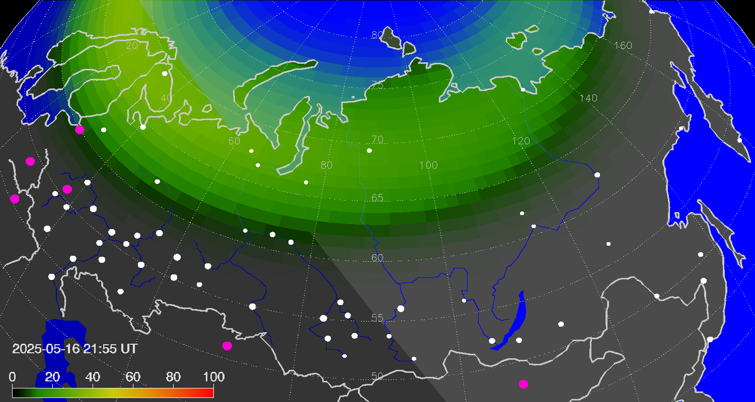 Northern lights (auroras) over Russian Federation