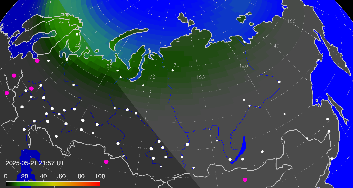 Northern lights (auroras) over Russian Federation