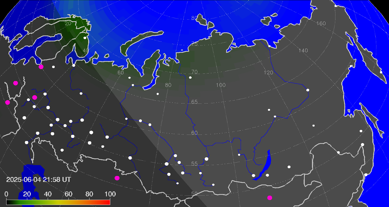 Northern lights (auroras) over Russian Federation