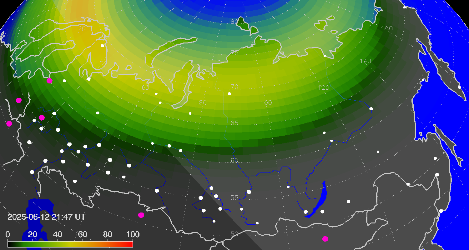Northern lights (auroras) over Russian Federation