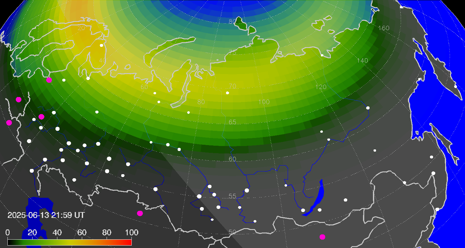 Northern lights (auroras) over Russian Federation