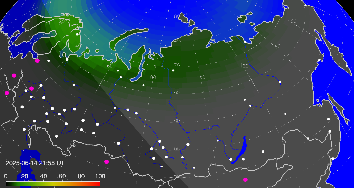 Northern lights (auroras) over Russian Federation