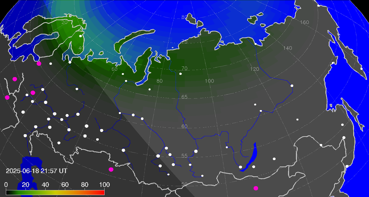 Northern lights (auroras) over Russian Federation