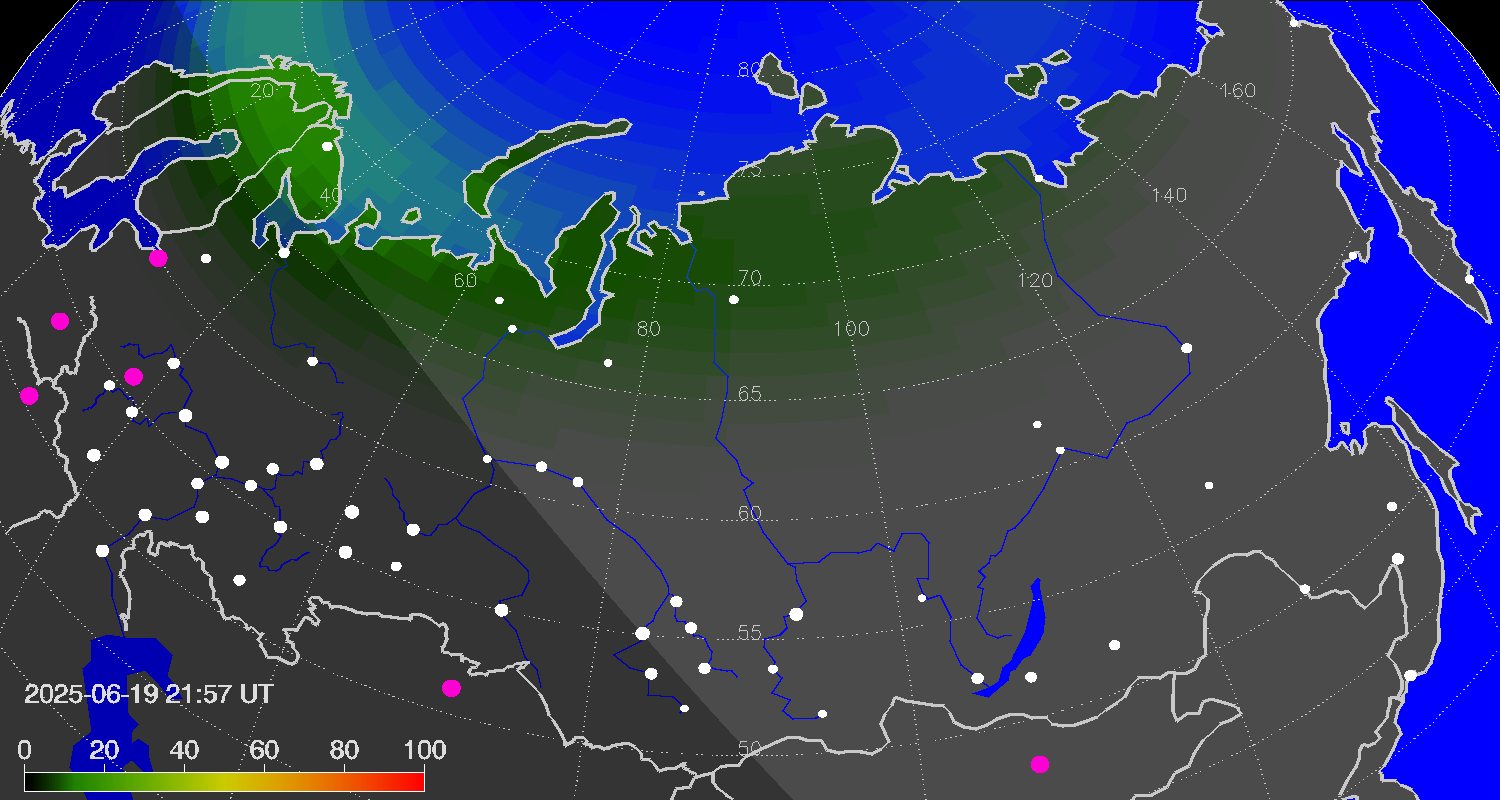 Northern lights (auroras) over Russian Federation