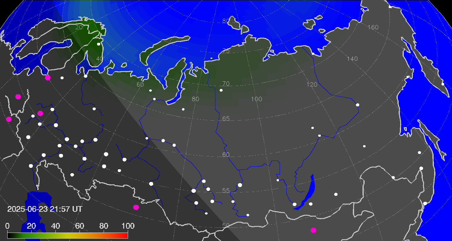 Northern lights (auroras) over Russian Federation