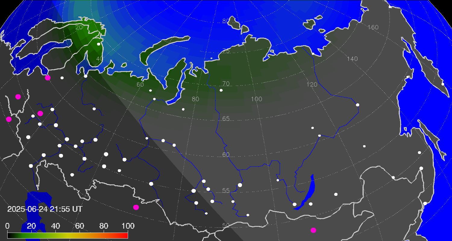 Northern lights (auroras) over Russian Federation