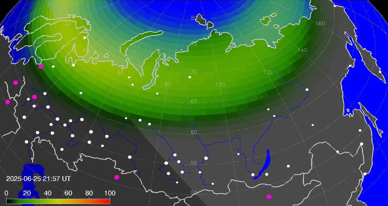Northern lights (auroras) over Russian Federation