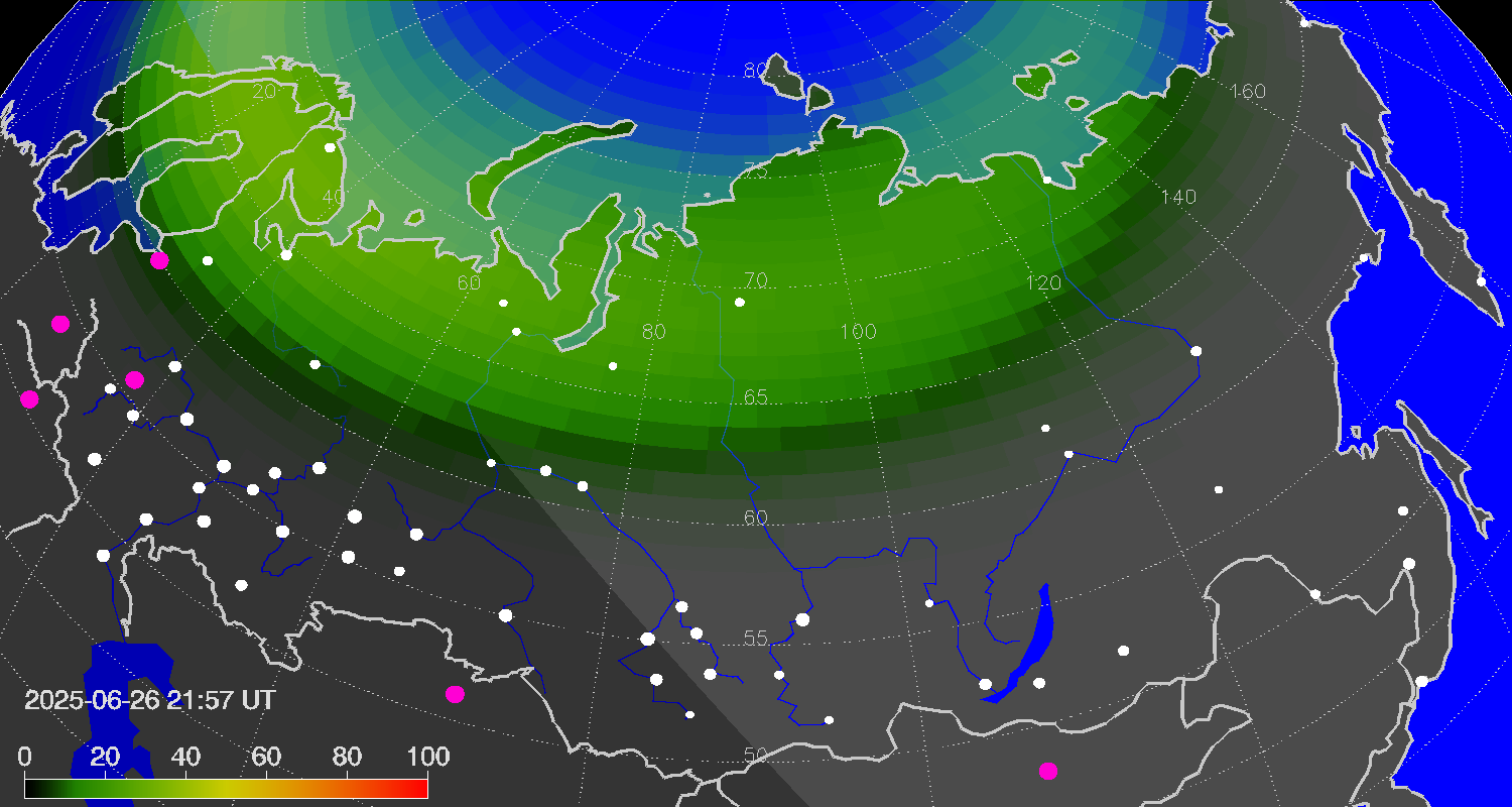 Northern lights (auroras) over Russian Federation