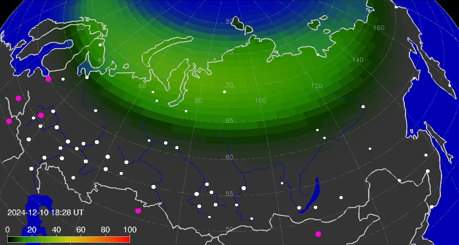 Northern lights (auroras) over the territory of Eurasia
