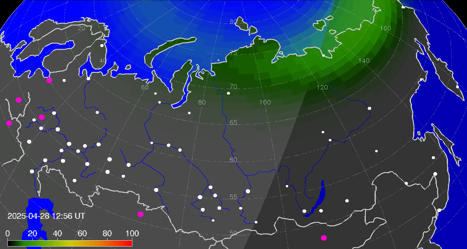 Northern lights (auroras) over Russian Federation