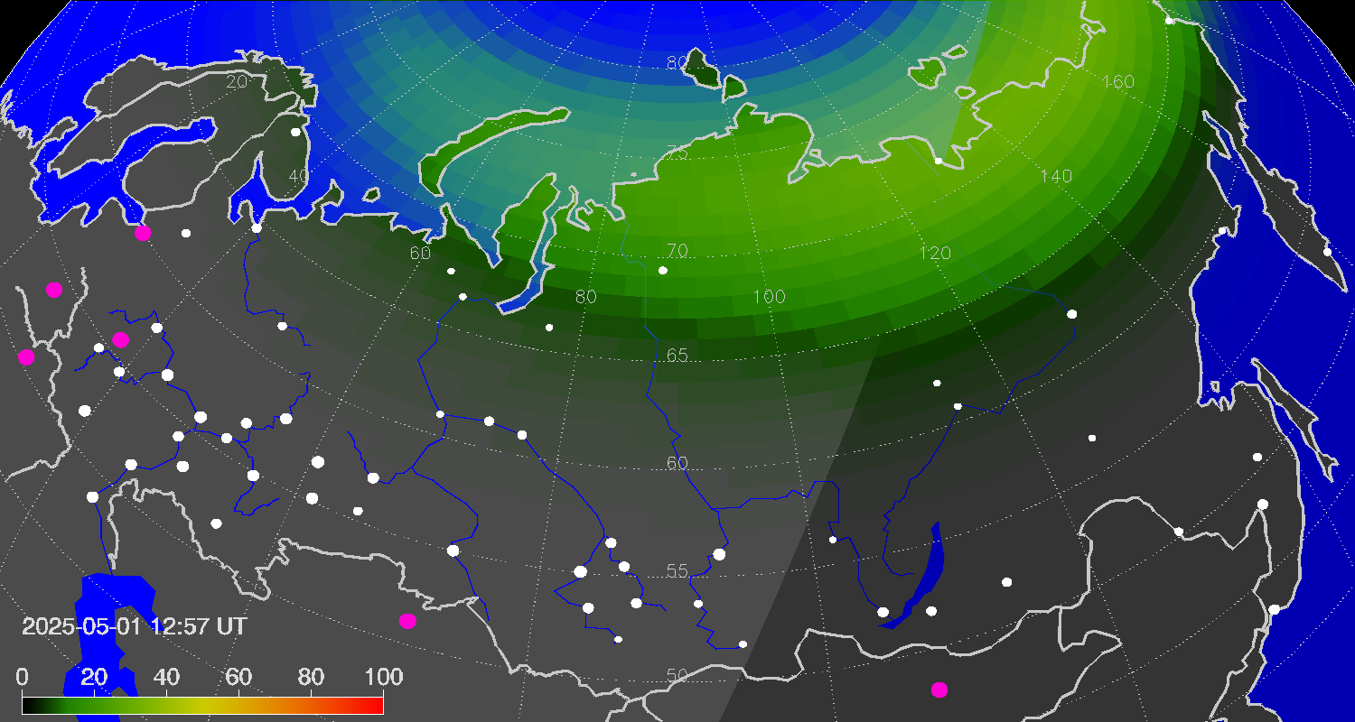 Northern lights (auroras) over Russian Federation