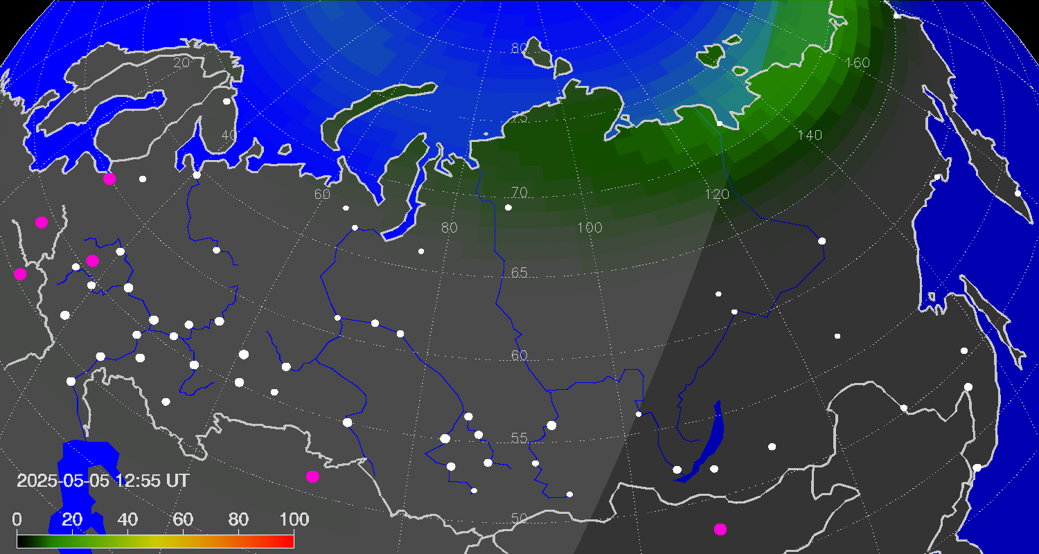 Northern lights (auroras) over Russian Federation