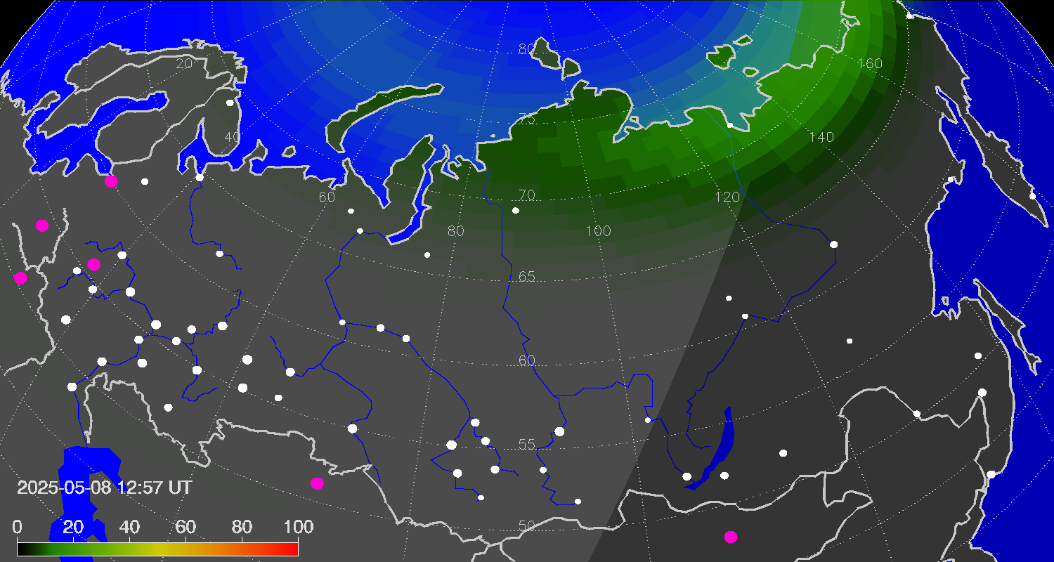 Northern lights (auroras) over Russian Federation