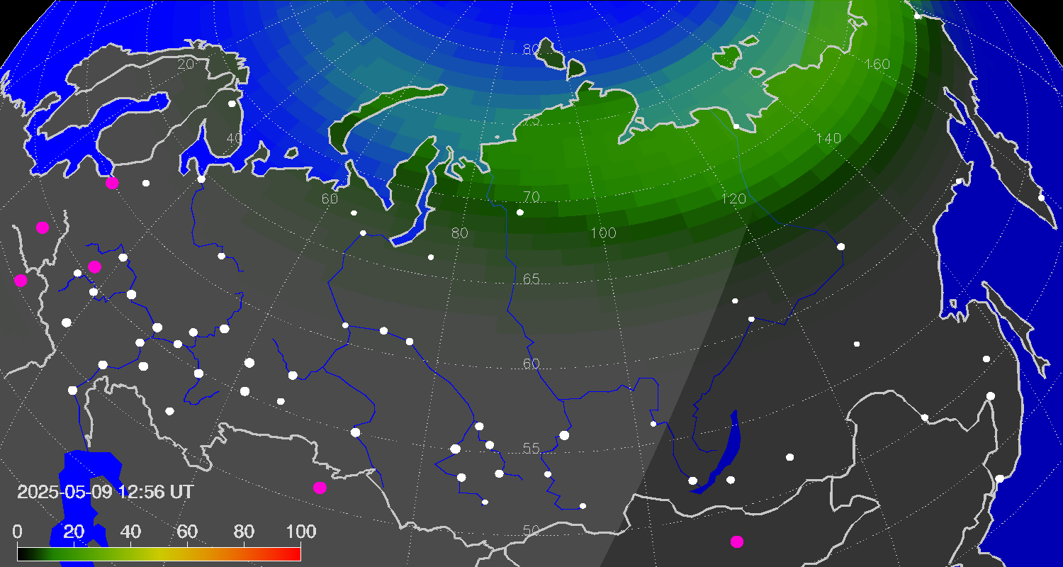 Northern lights (auroras) over Russian Federation