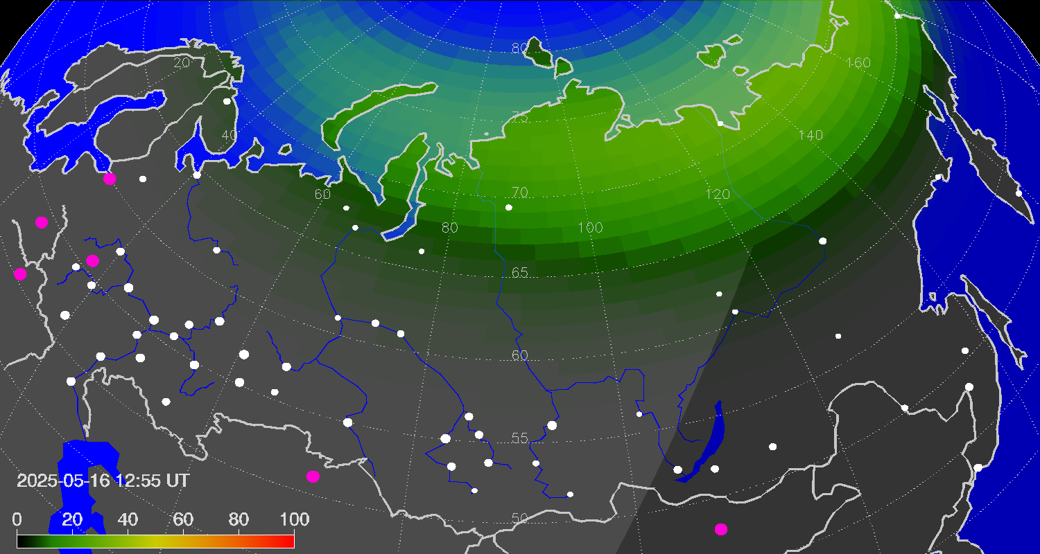 Northern lights (auroras) over Russian Federation