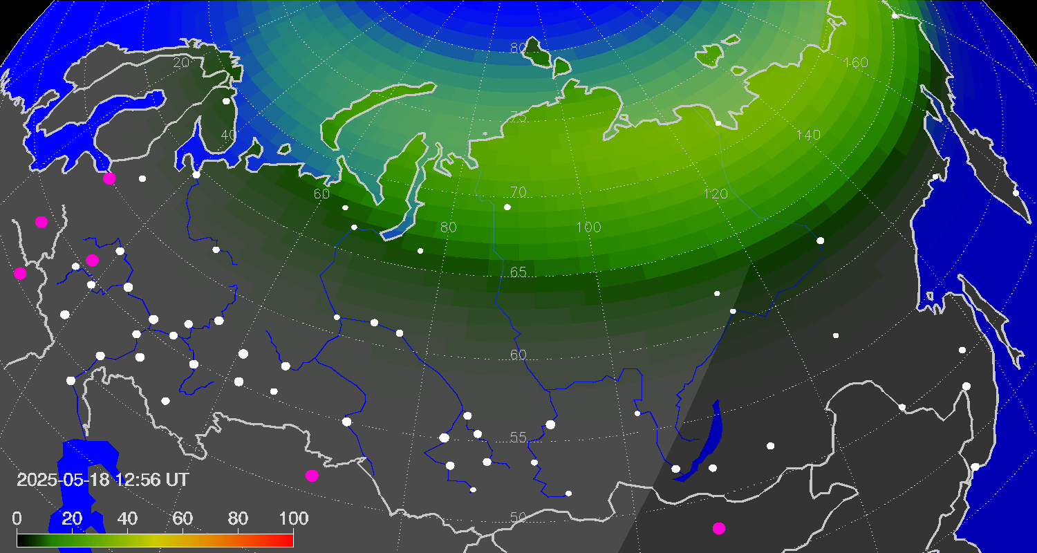Northern lights (auroras) over Russian Federation