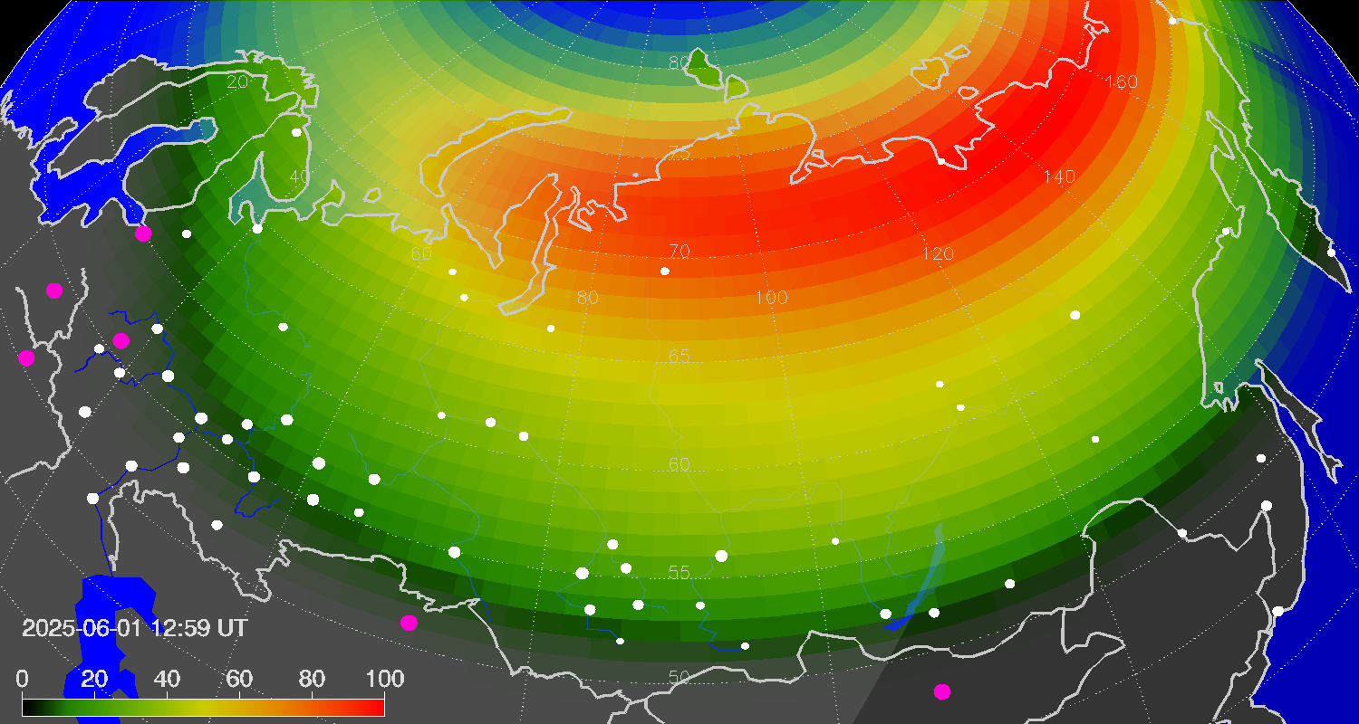 Northern lights (auroras) over Russian Federation
