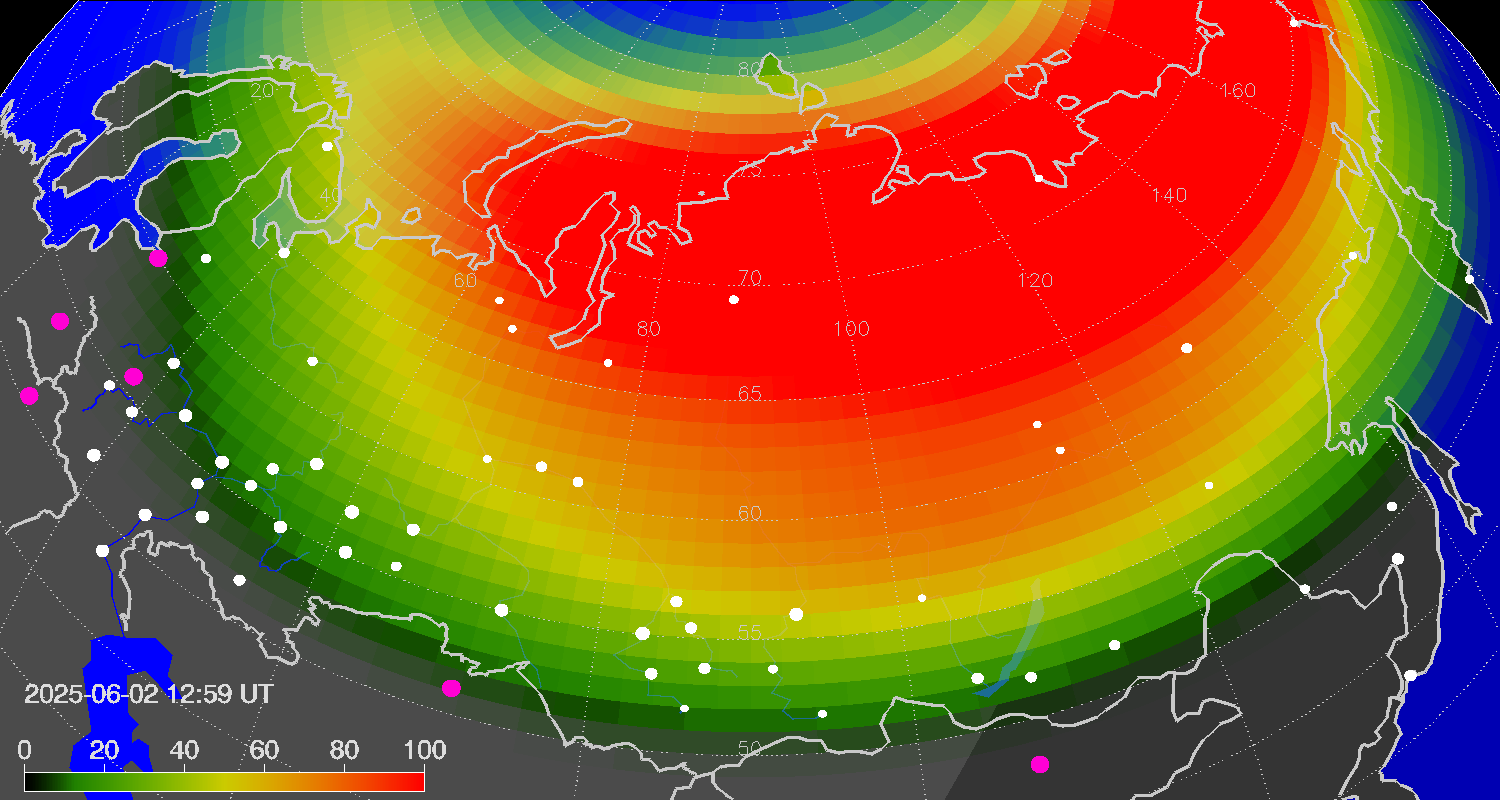 Northern lights (auroras) over Russian Federation