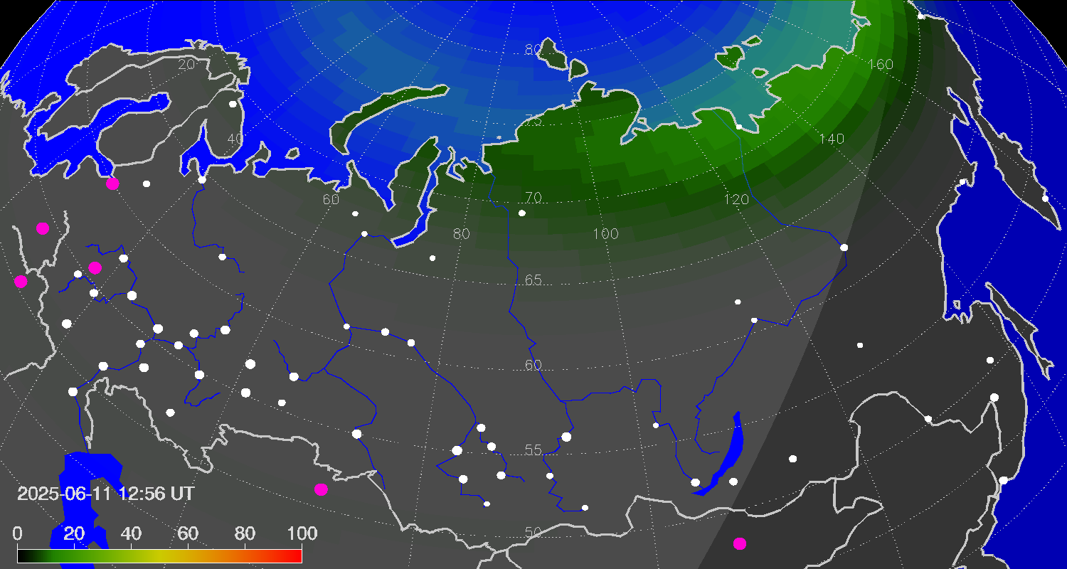 Northern lights (auroras) over Russian Federation