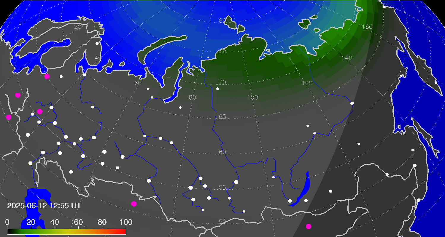 Northern lights (auroras) over Russian Federation