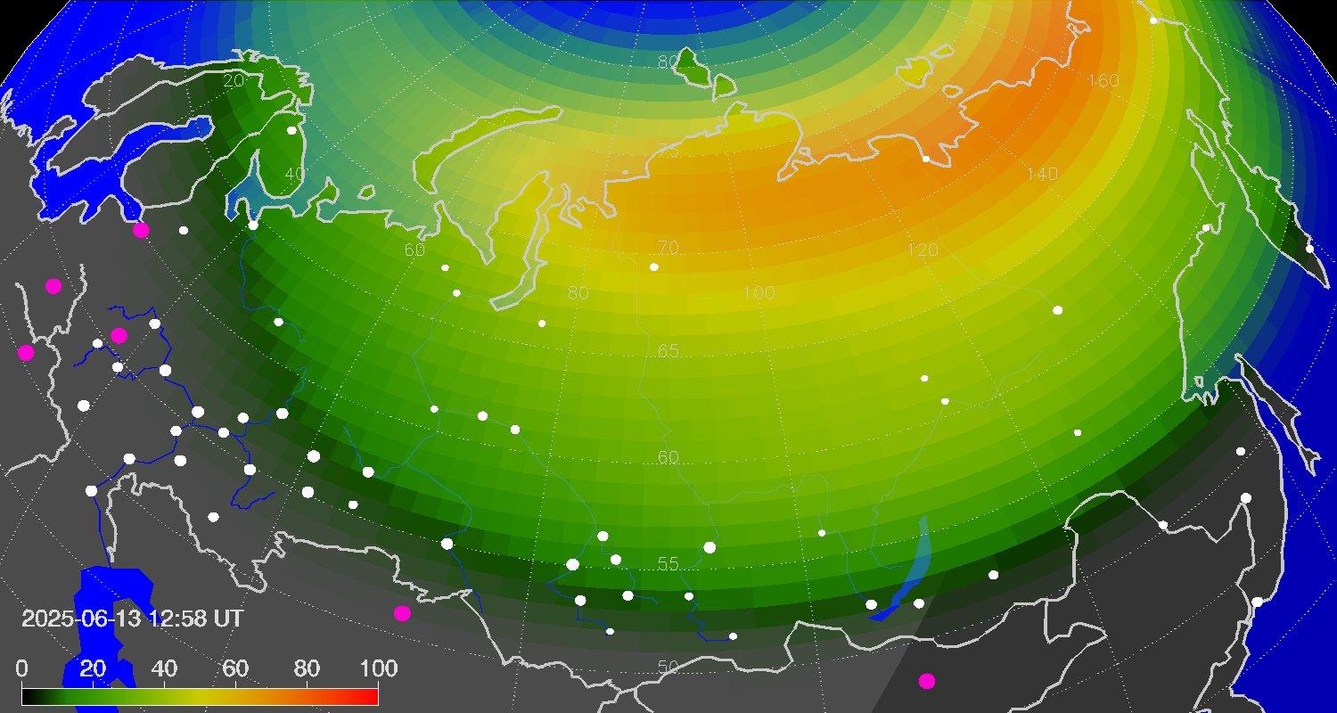 Northern lights (auroras) over Russian Federation