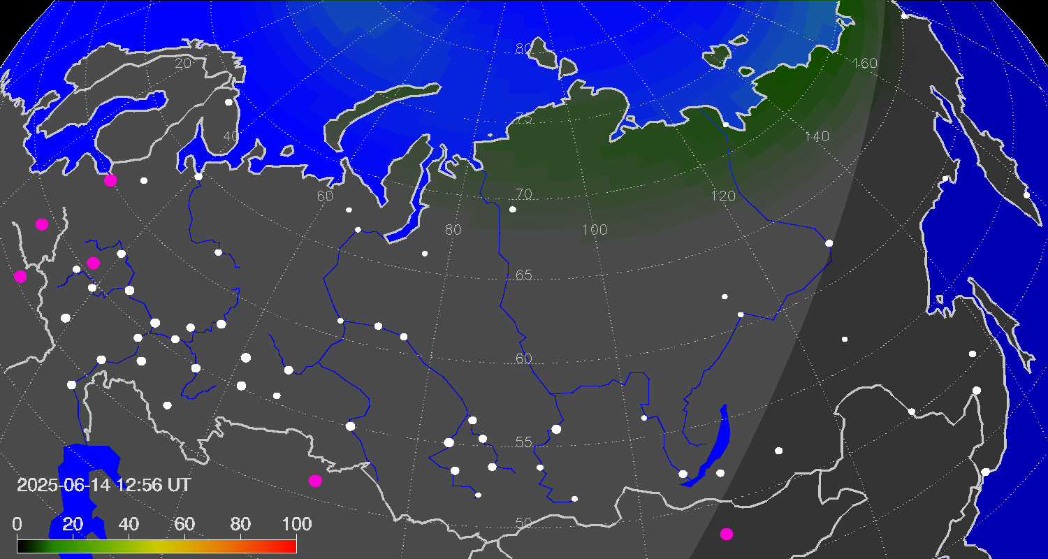 Northern lights (auroras) over Russian Federation