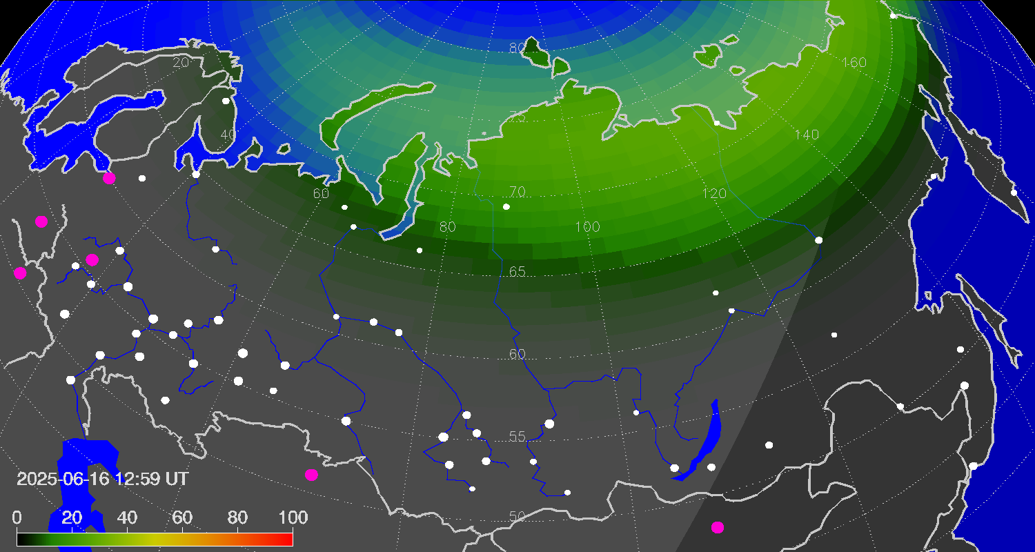 Northern lights (auroras) over Russian Federation