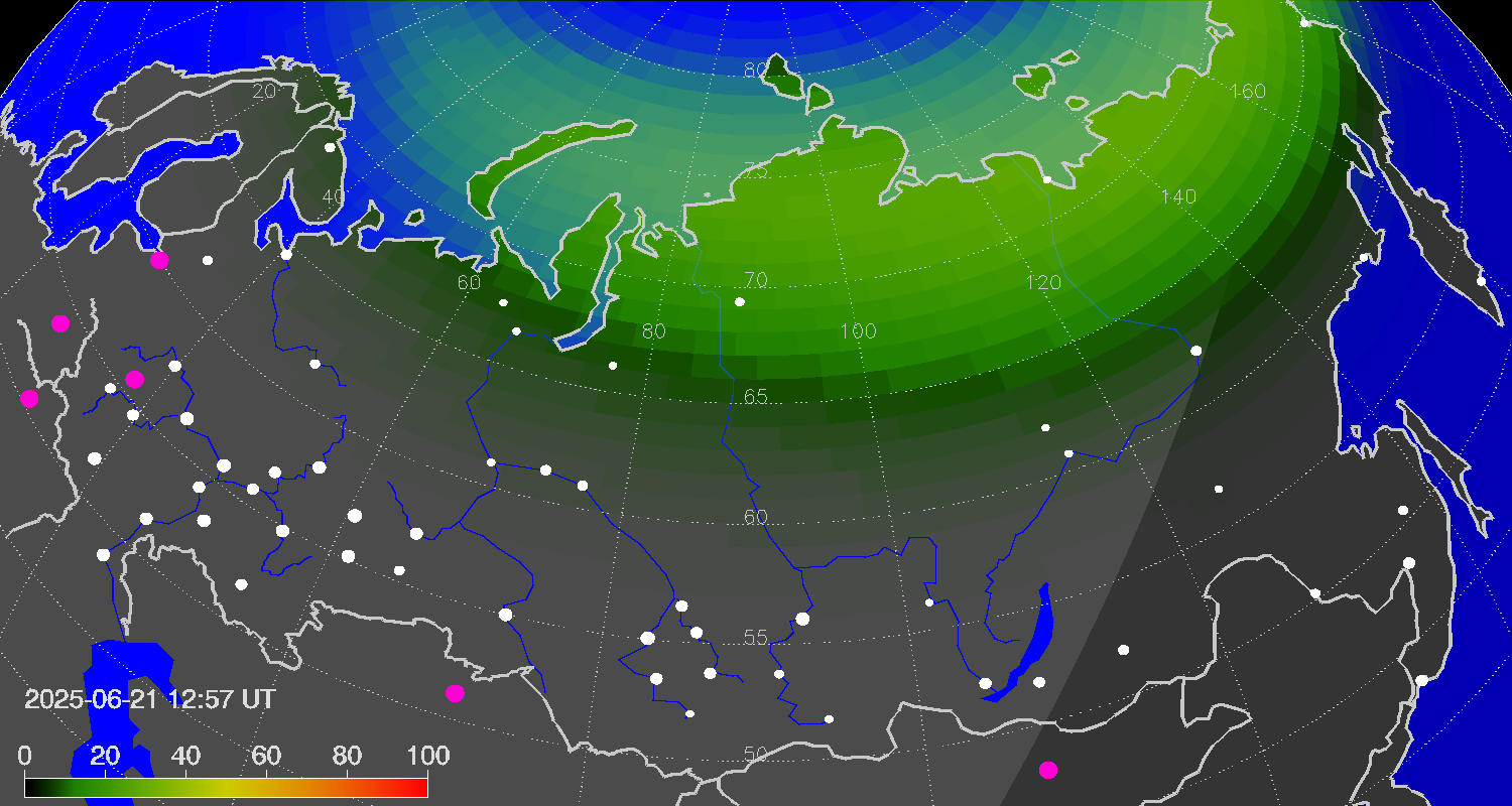 Northern lights (auroras) over Russian Federation