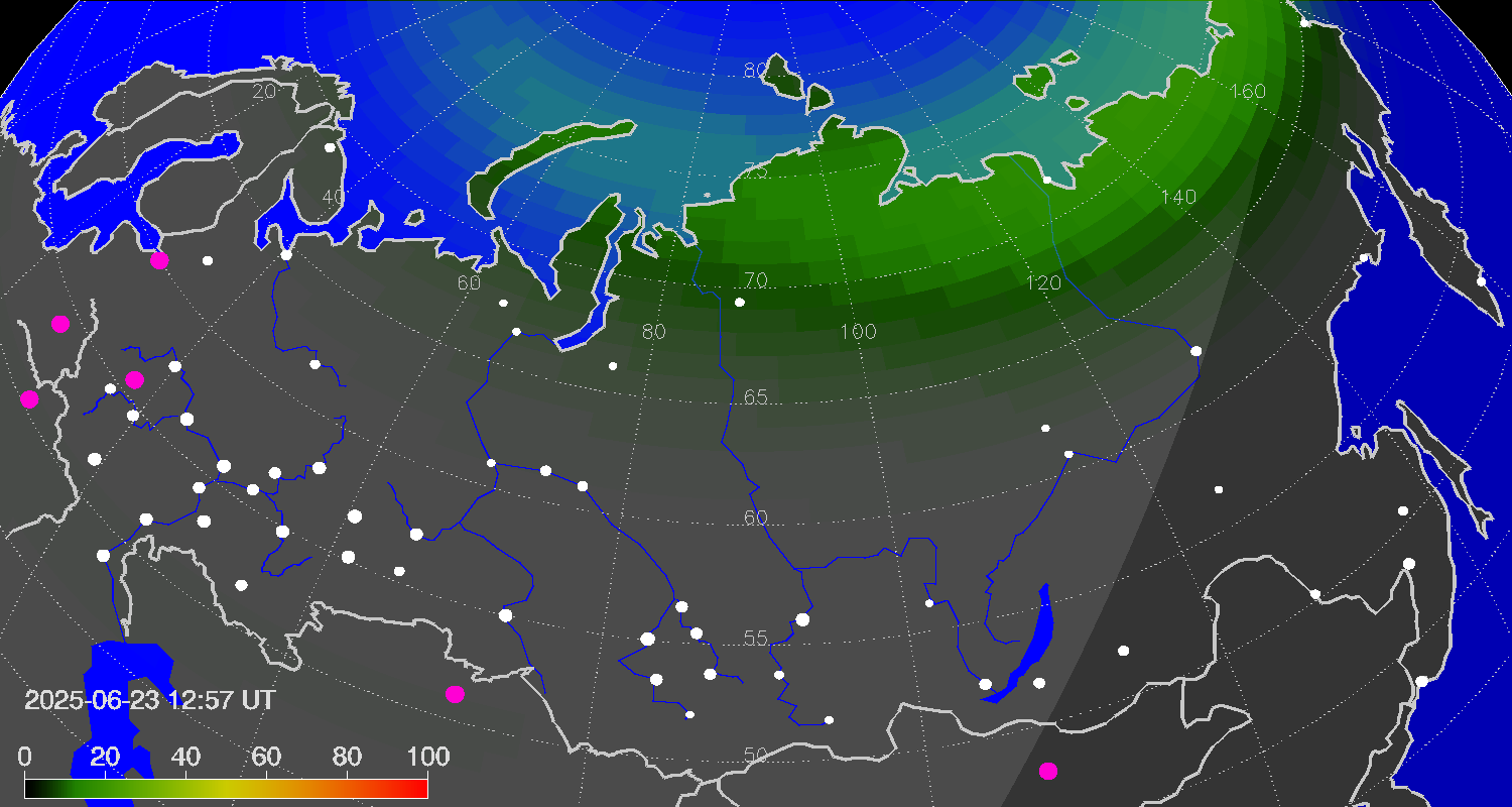 Northern lights (auroras) over Russian Federation