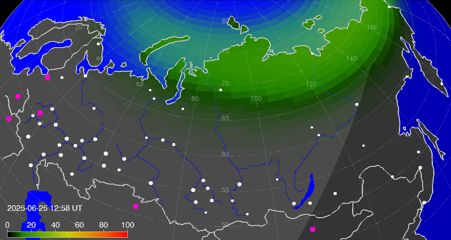 Northern lights (auroras) over Russian Federation