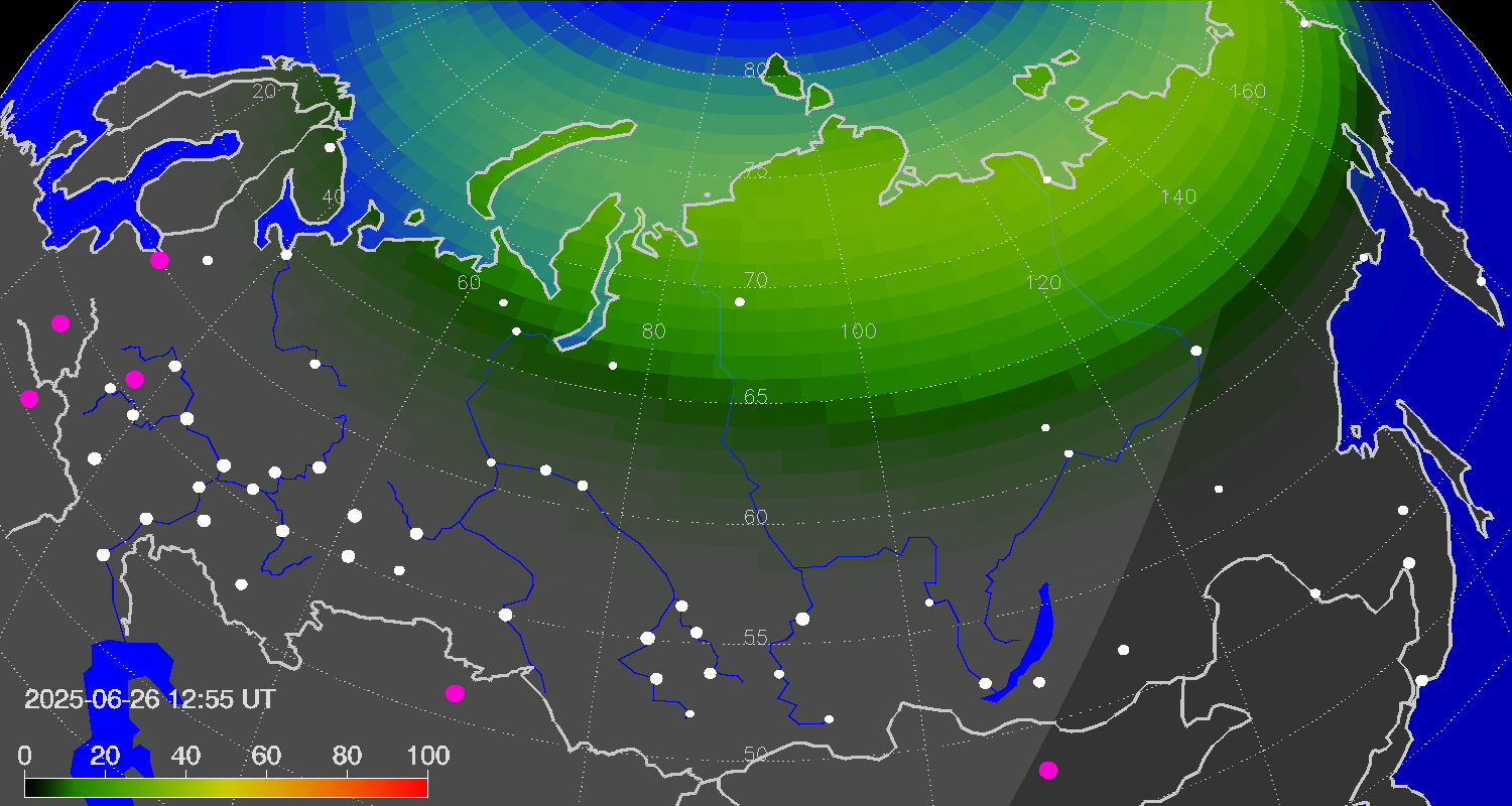 Northern lights (auroras) over Russian Federation