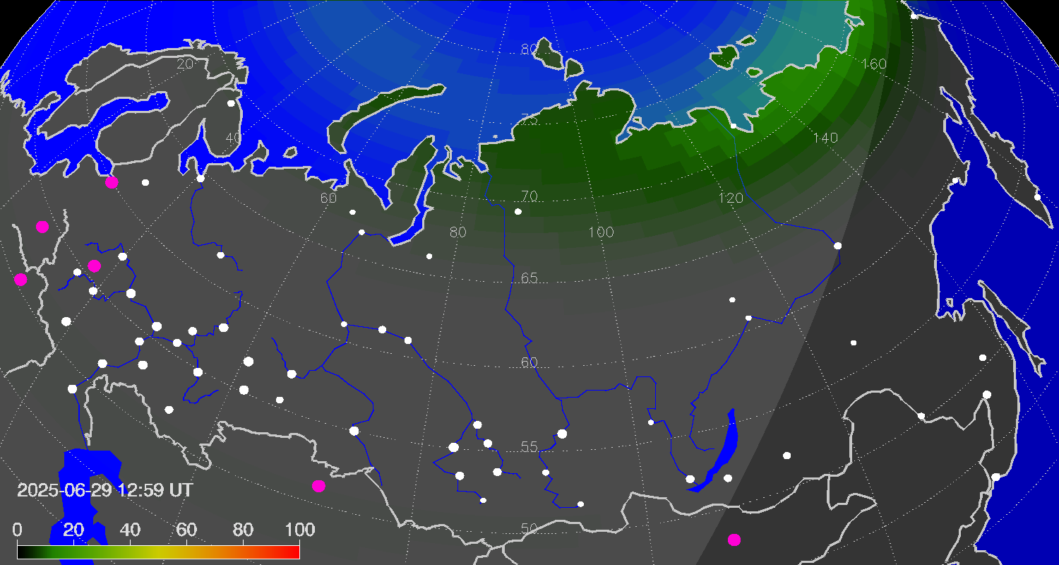 Northern lights (auroras) over Russian Federation