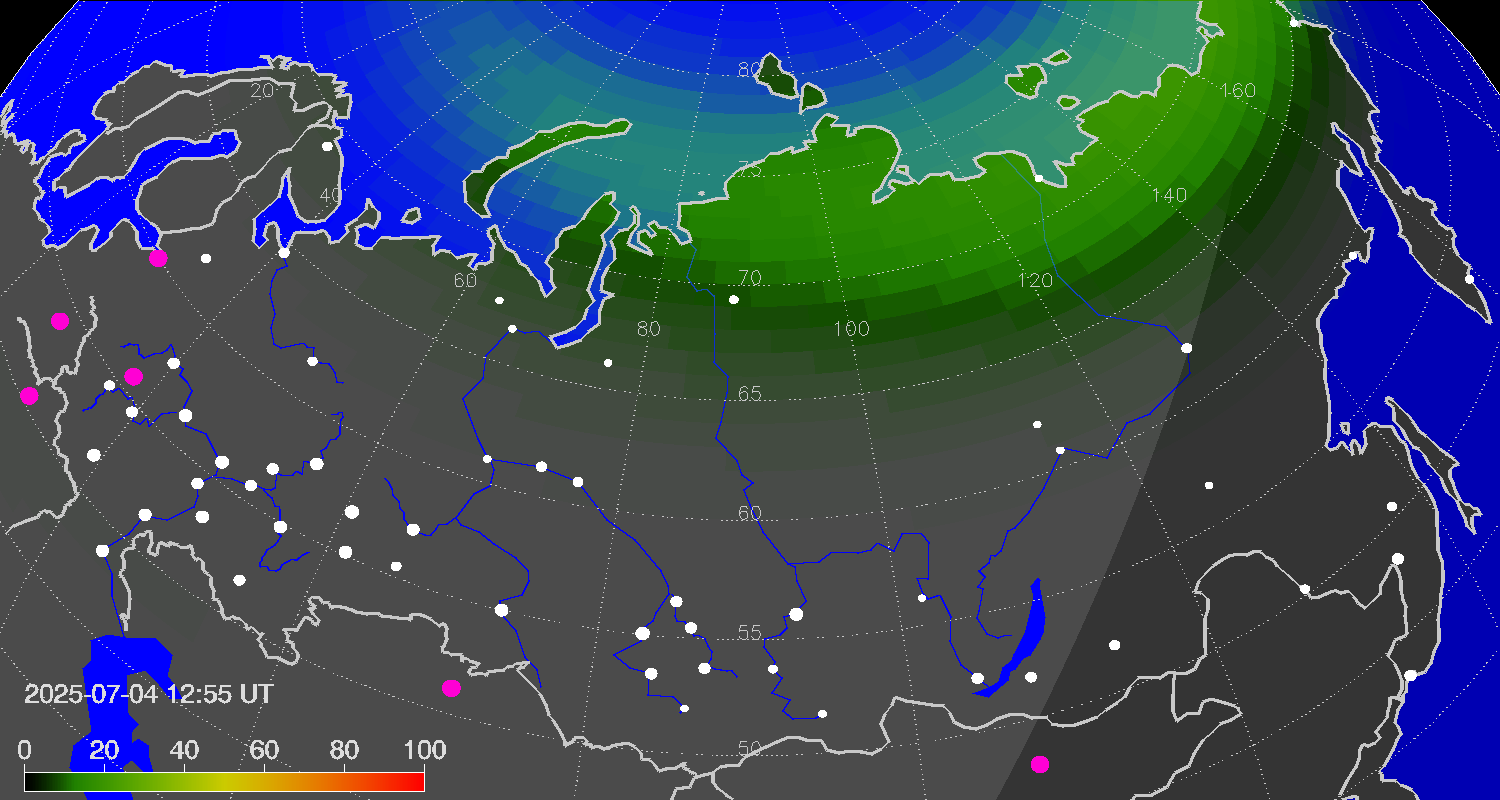 Northern lights (auroras) over Russian Federation