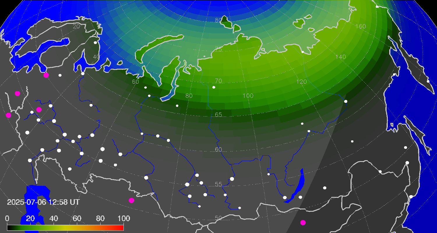 Northern lights (auroras) over Russian Federation