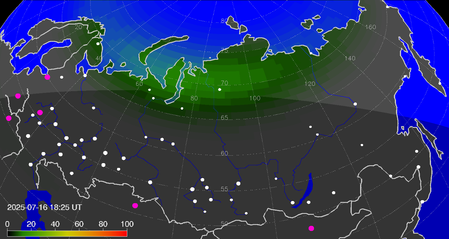 Зона полярных (северных) сияний над территорией Евразии