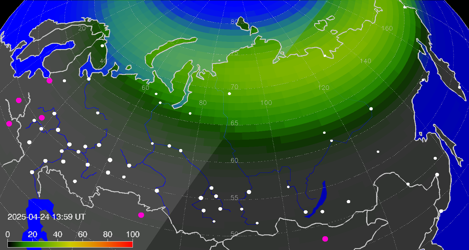 Northern lights (auroras) over Russian Federation