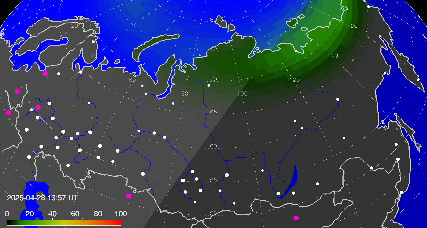 Northern lights (auroras) over Russian Federation