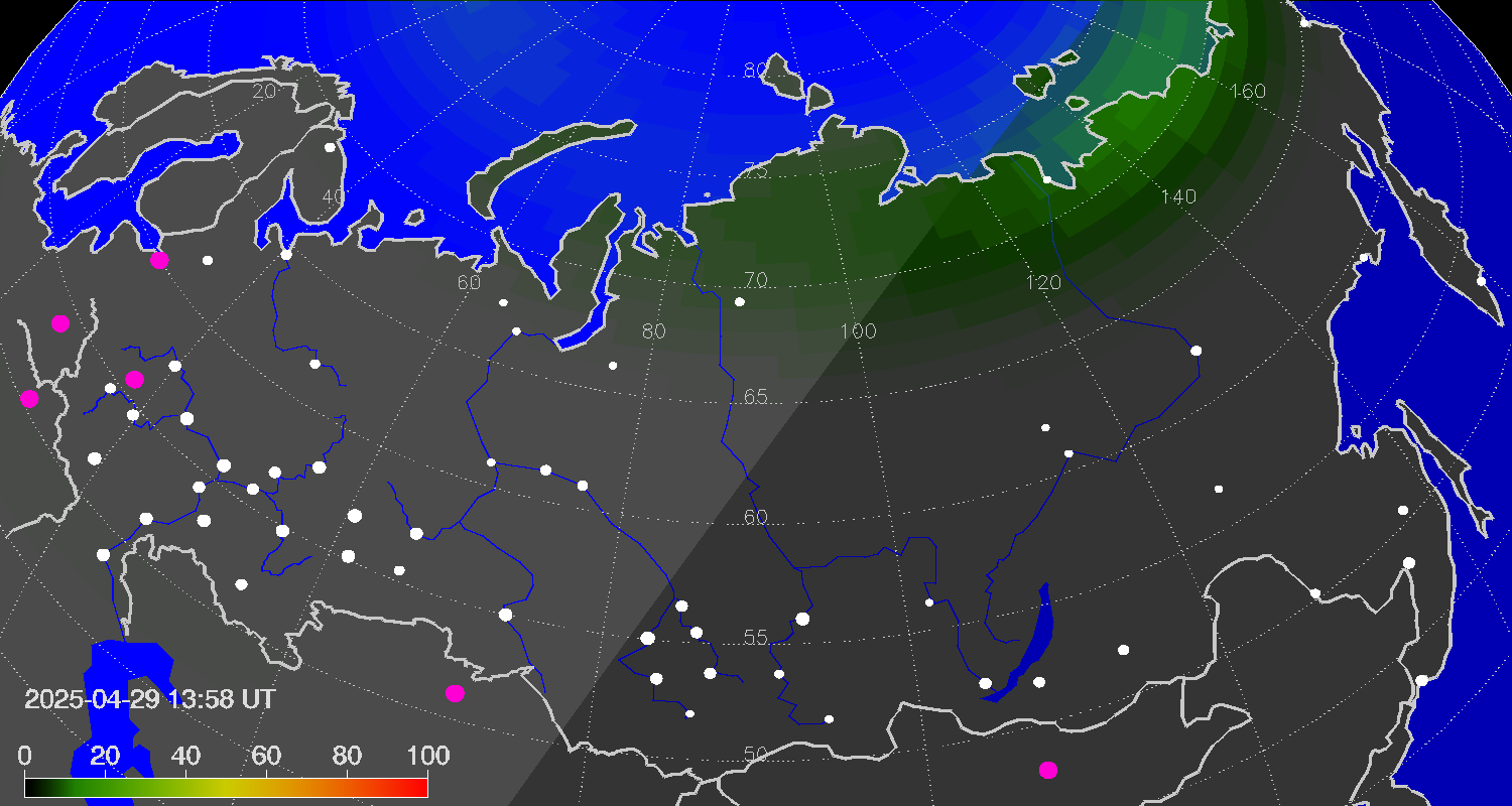 Northern lights (auroras) over Russian Federation