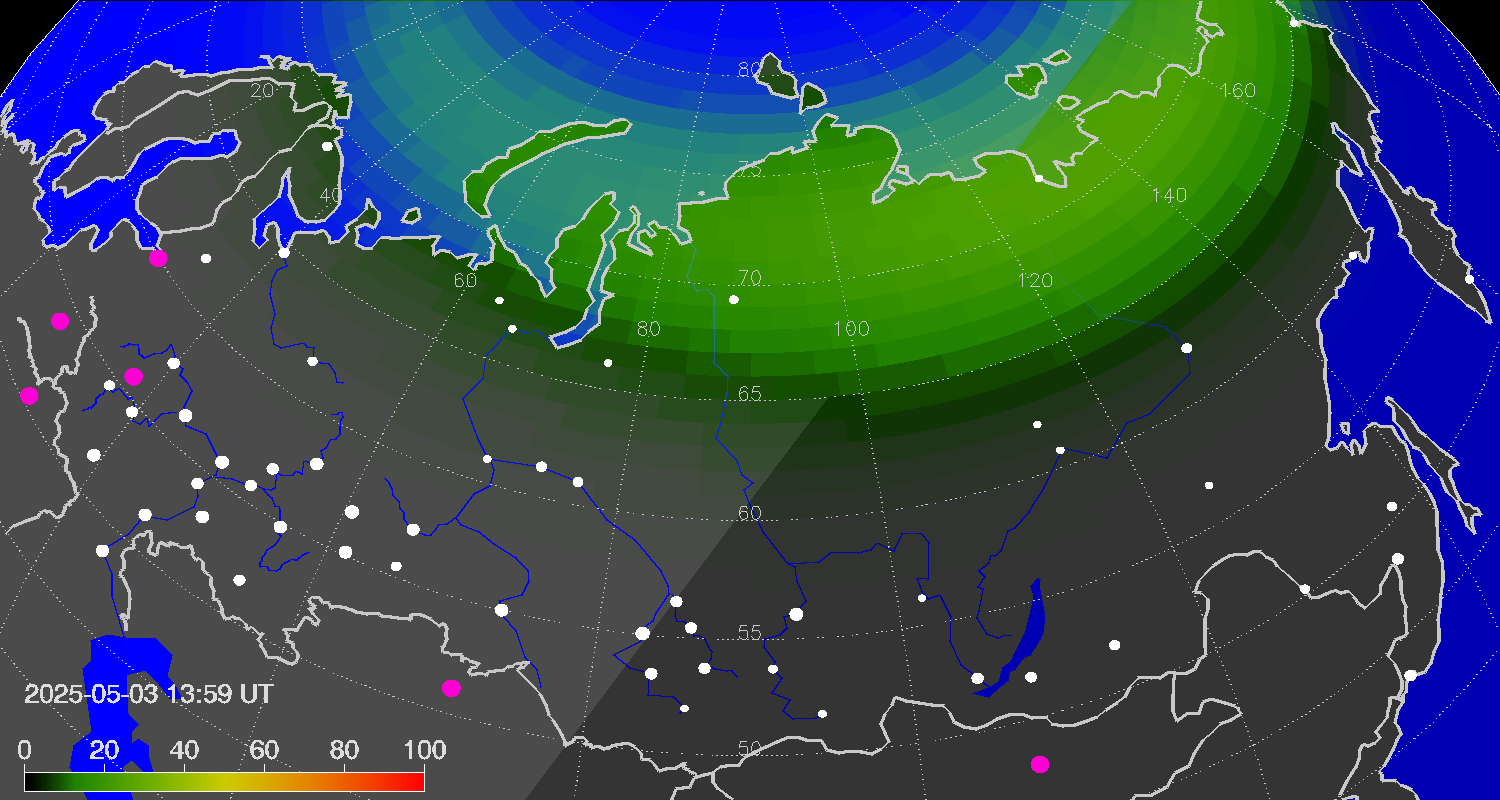 Northern lights (auroras) over Russian Federation