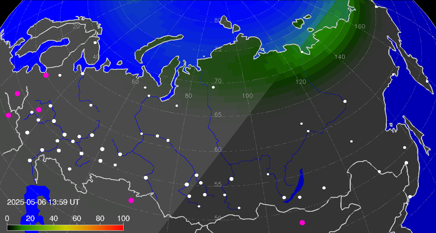 Northern lights (auroras) over Russian Federation