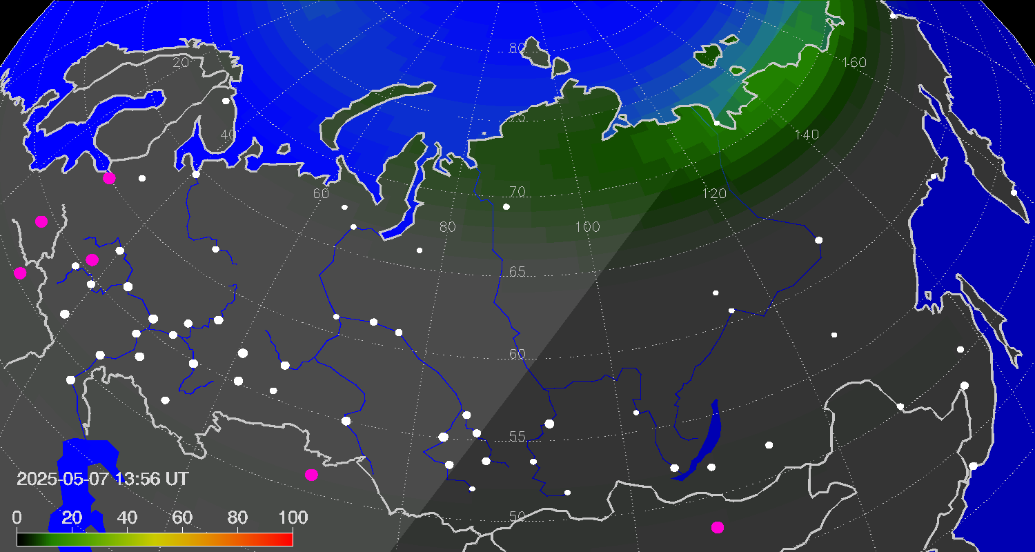 Northern lights (auroras) over Russian Federation