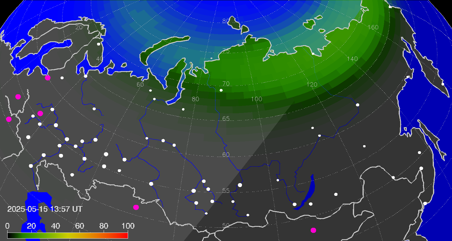 Northern lights (auroras) over Russian Federation