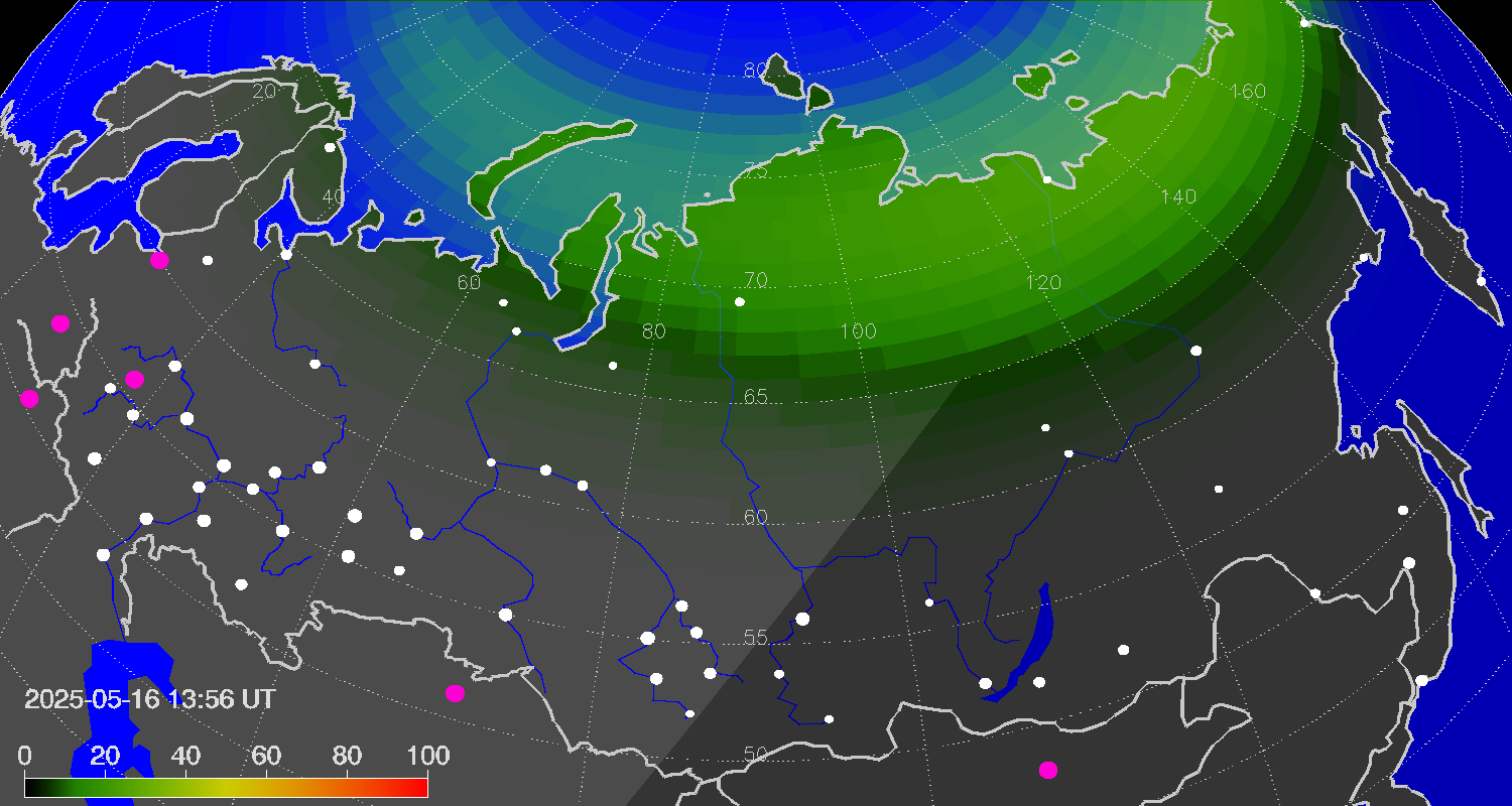 Northern lights (auroras) over Russian Federation