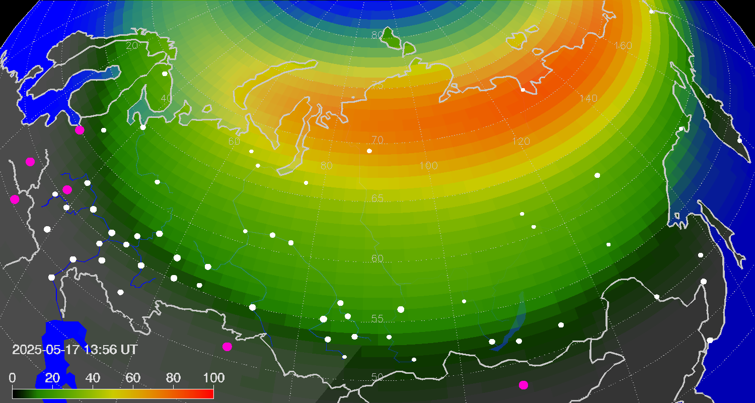 Northern lights (auroras) over Russian Federation