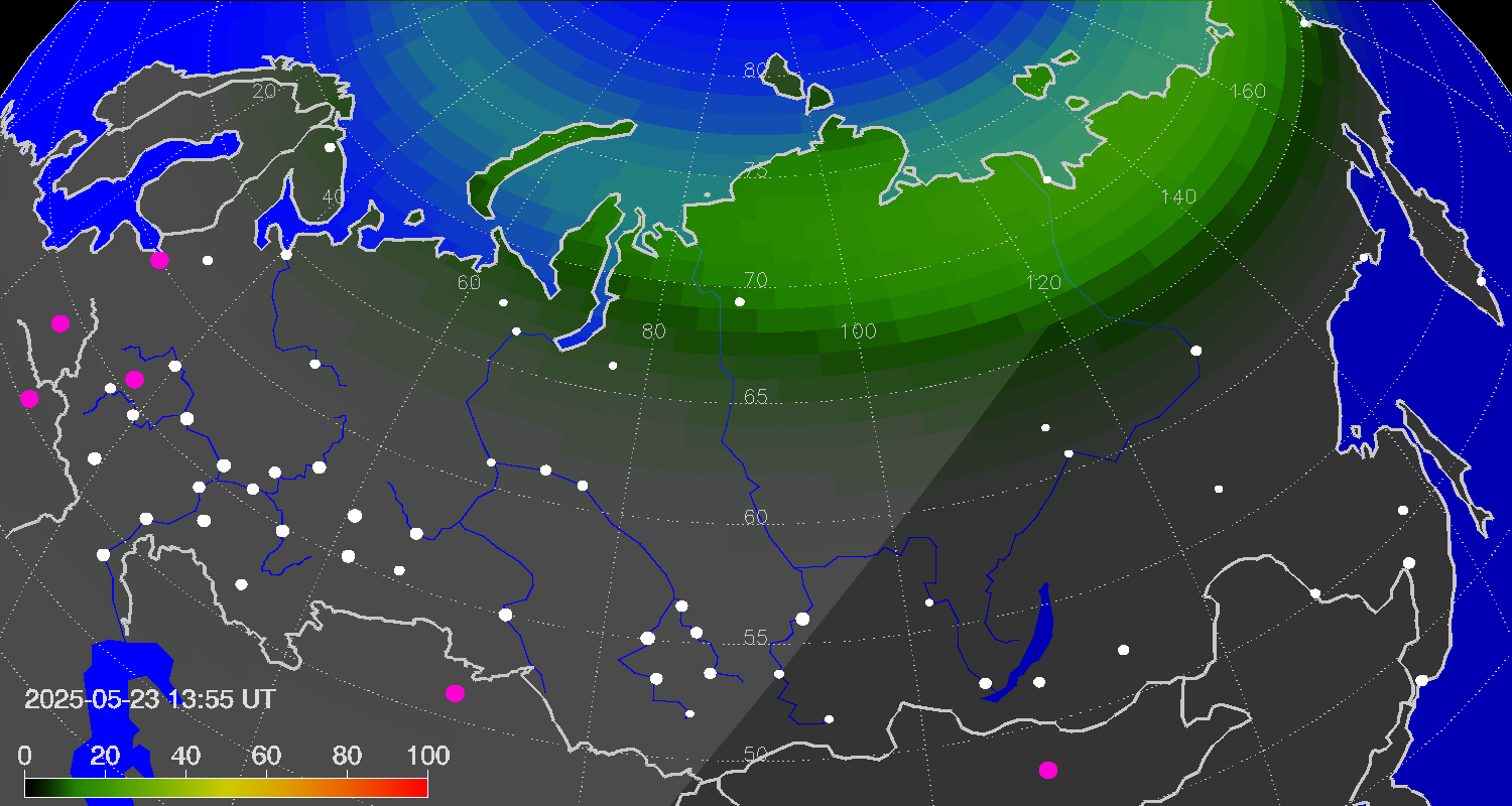Northern lights (auroras) over Russian Federation