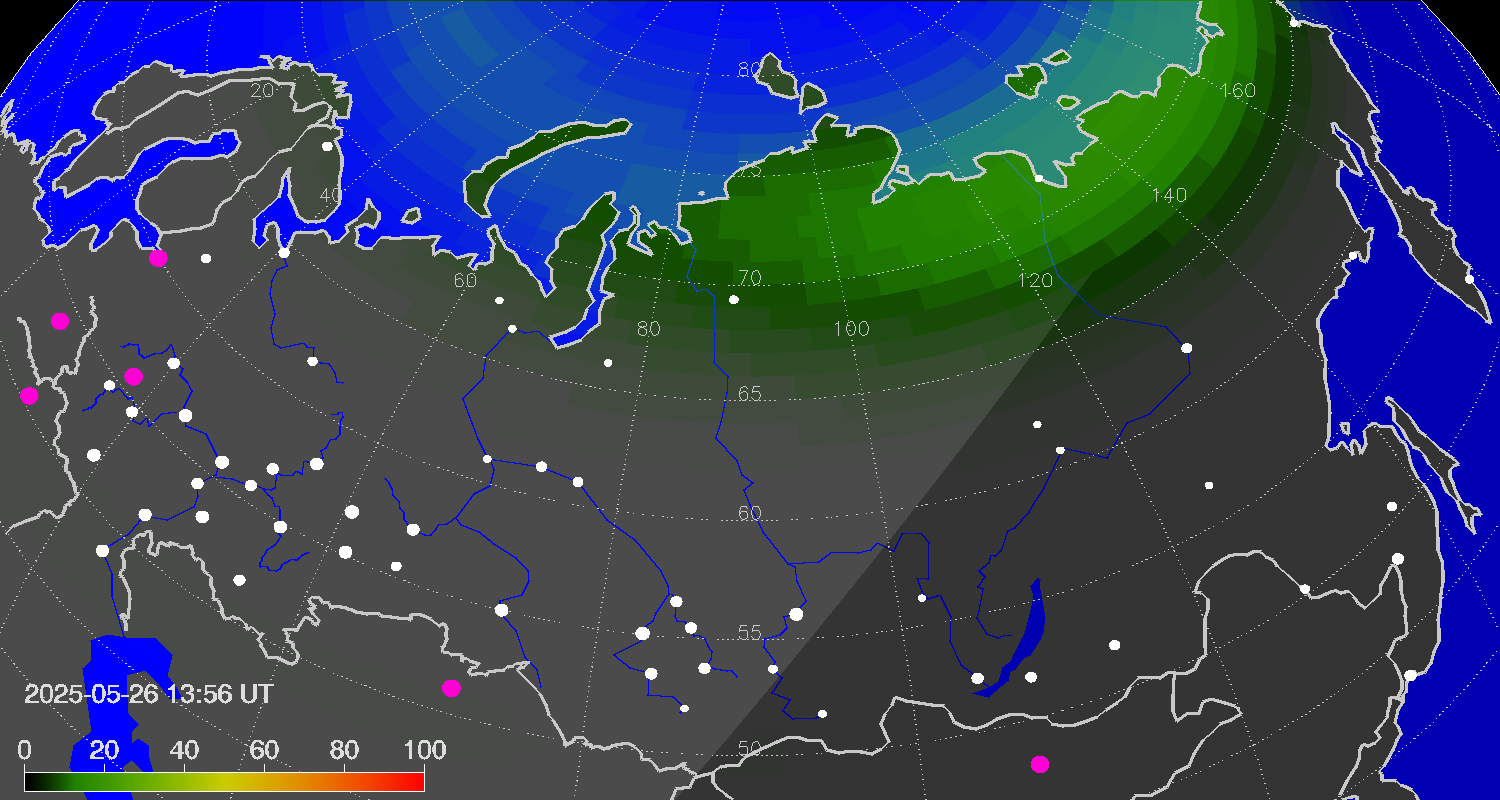 Northern lights (auroras) over Russian Federation